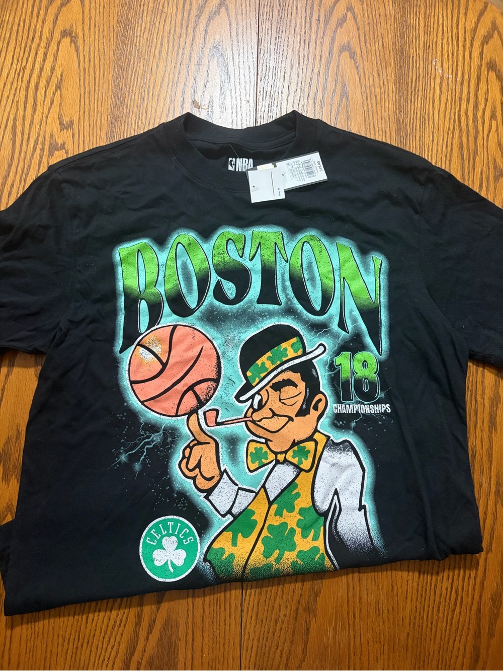 NBA Boston Celtics Black Tee with Green and Orange Graphic